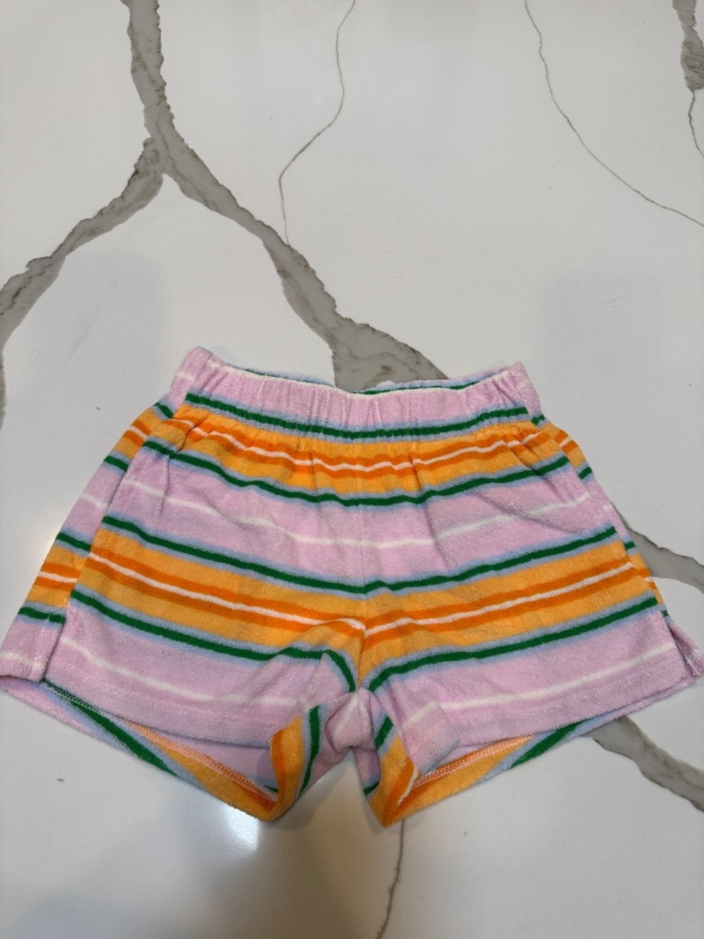 NWOT Old Navy Pastel Pink Terry Shorts with Orange & Green Stripes 6/7